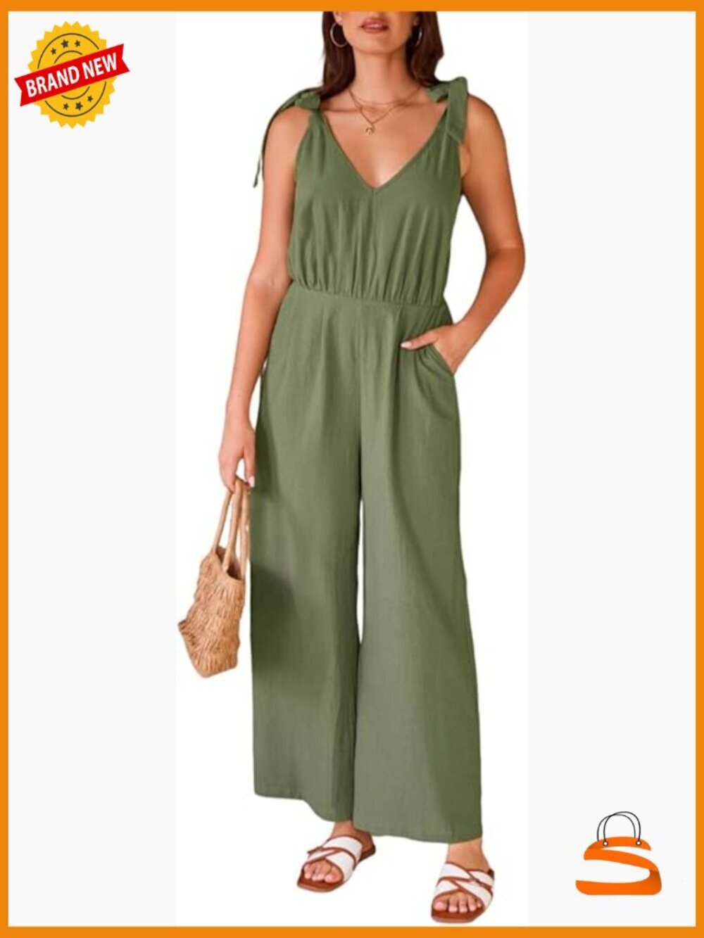 Women's Summer Jumpsuit 100% Cotton Beach Vacation V Neck Tie Strap Sleeveless